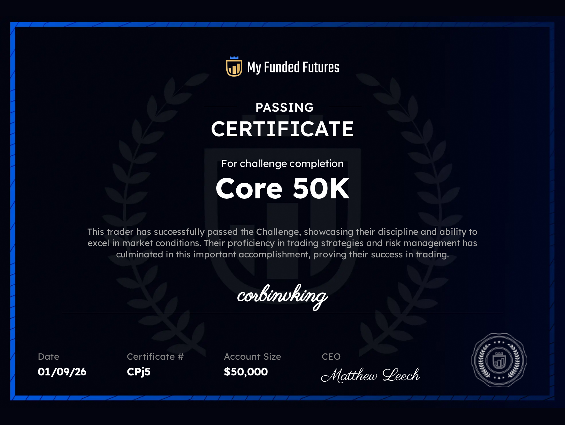 My Funded Futures Core 50K passing certificate for corbinvking